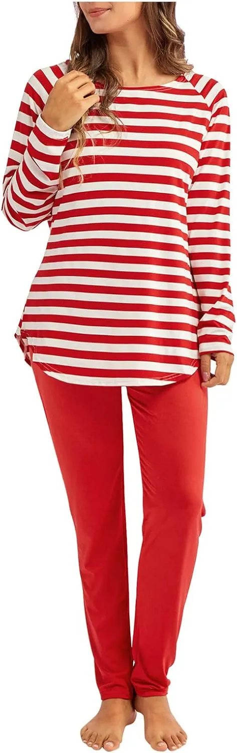 Women Cute Christmas Pajamas Sets Women's Striped Pajama Set Long Sleeve Tops and Pants Jogging Long Sleeve