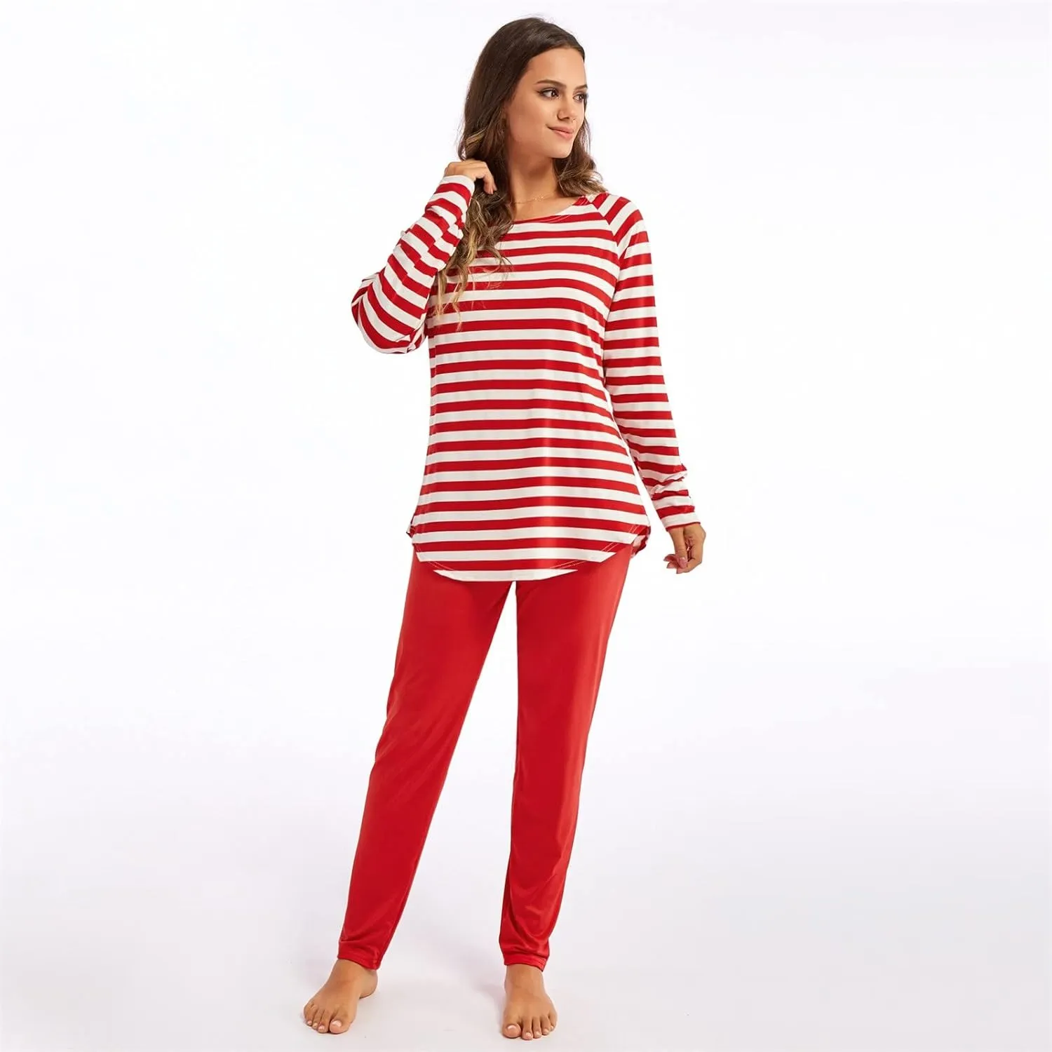 Women Cute Christmas Pajamas Sets Women's Striped Pajama Set Long Sleeve Tops and Pants Jogging Long Sleeve