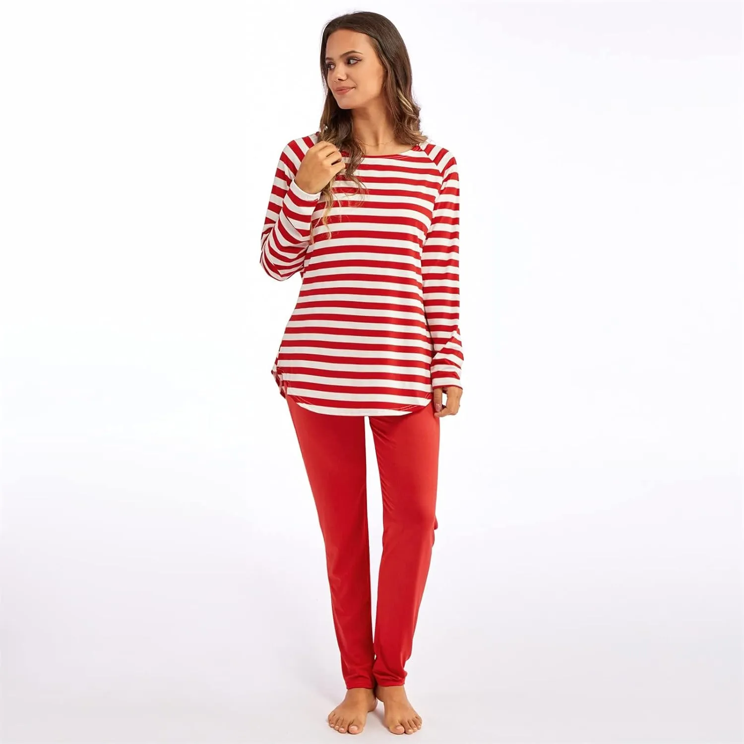 Women Cute Christmas Pajamas Sets Women's Striped Pajama Set Long Sleeve Tops and Pants Jogging Long Sleeve