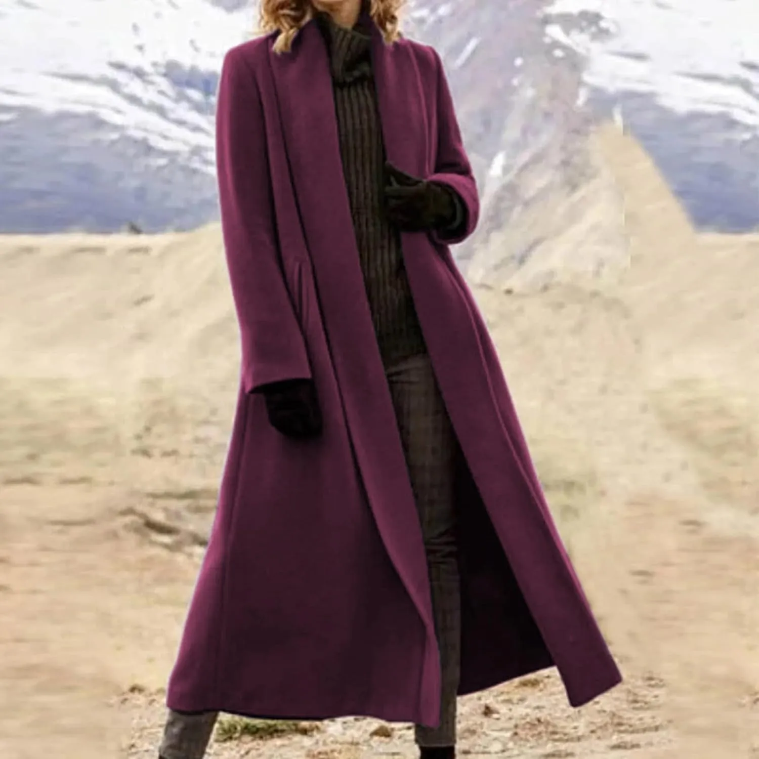 Women Fashion Solid Long Coat Long Sleeve Casual Wool Trench Coat Long down Jacket Women