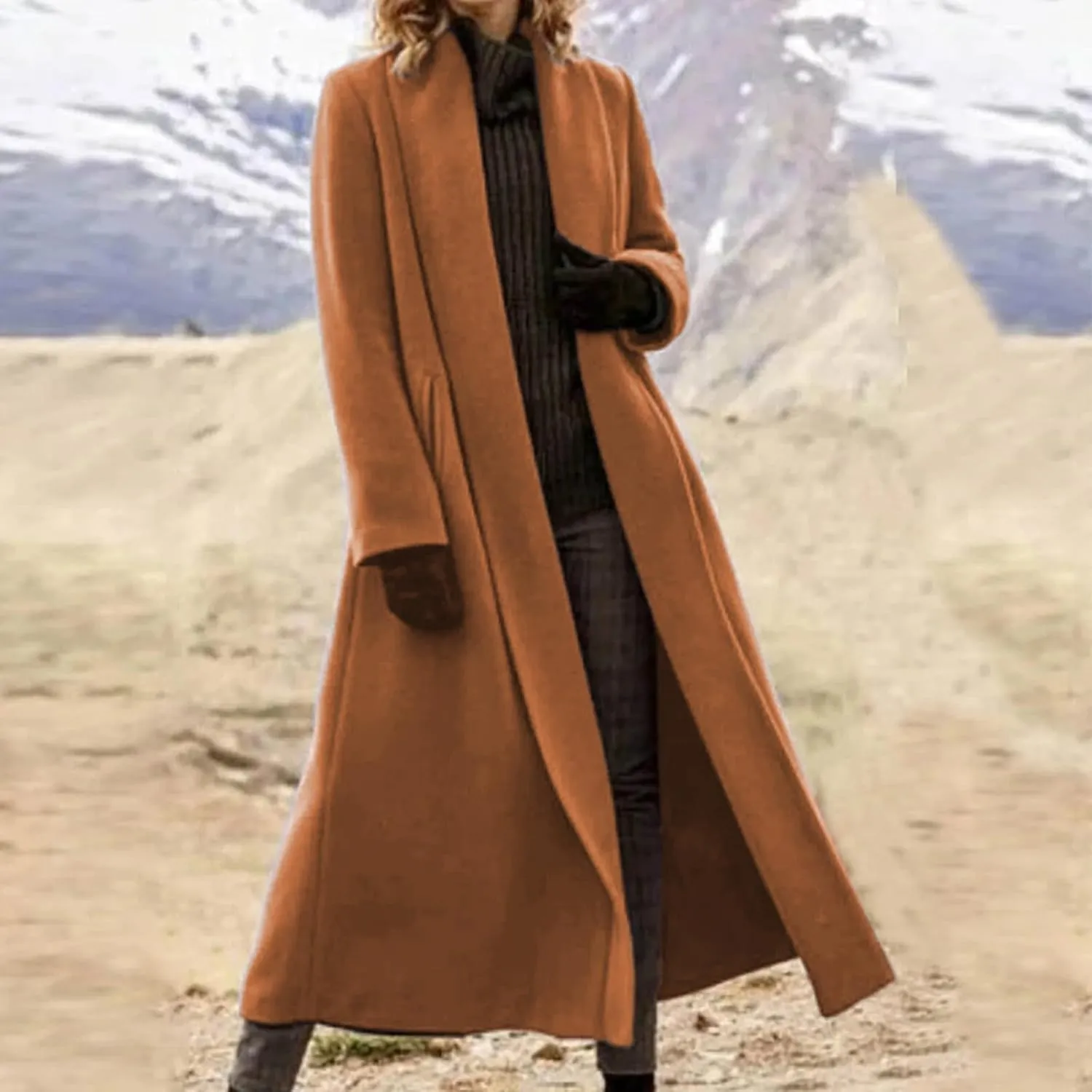 Women Fashion Solid Long Coat Long Sleeve Casual Wool Trench Coat Long down Jacket Women
