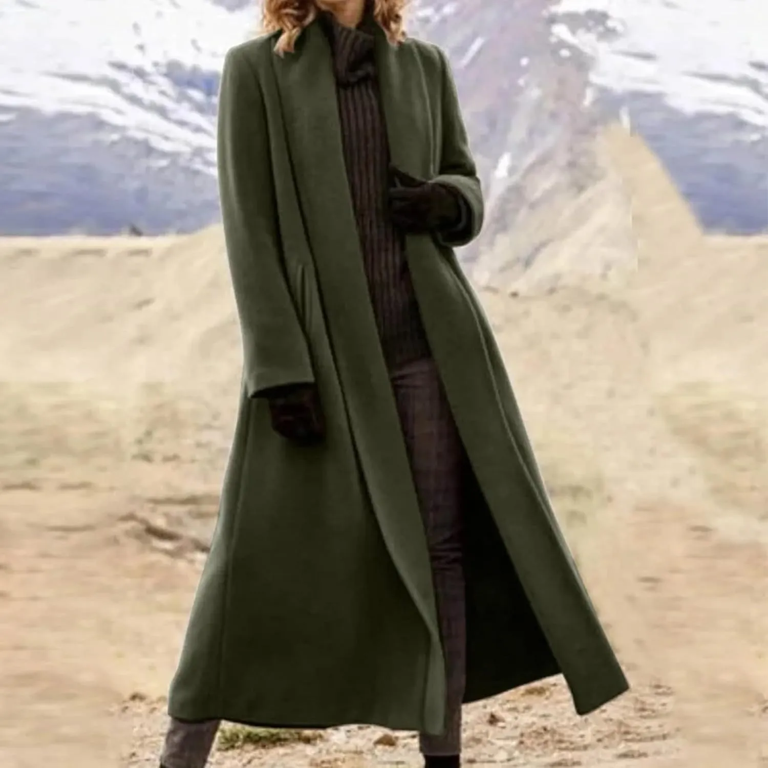 Women Fashion Solid Long Coat Long Sleeve Casual Wool Trench Coat Long down Jacket Women