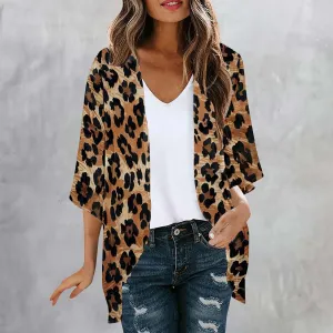Women Floral Print Lightweight Chiffon Kimono Cardigan 3/4 Sleeve Loose Beach Wear Cover Up Sun Protection Blouse Top