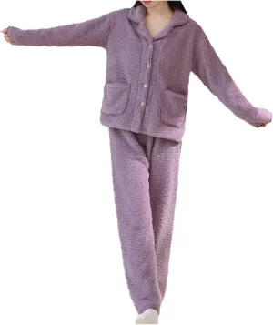 Women Fuzzy Pajamas Set Fleece Turtlenecks Long Sleeve Robe with Wide Leg Pants Fuzzy Loungewear Set