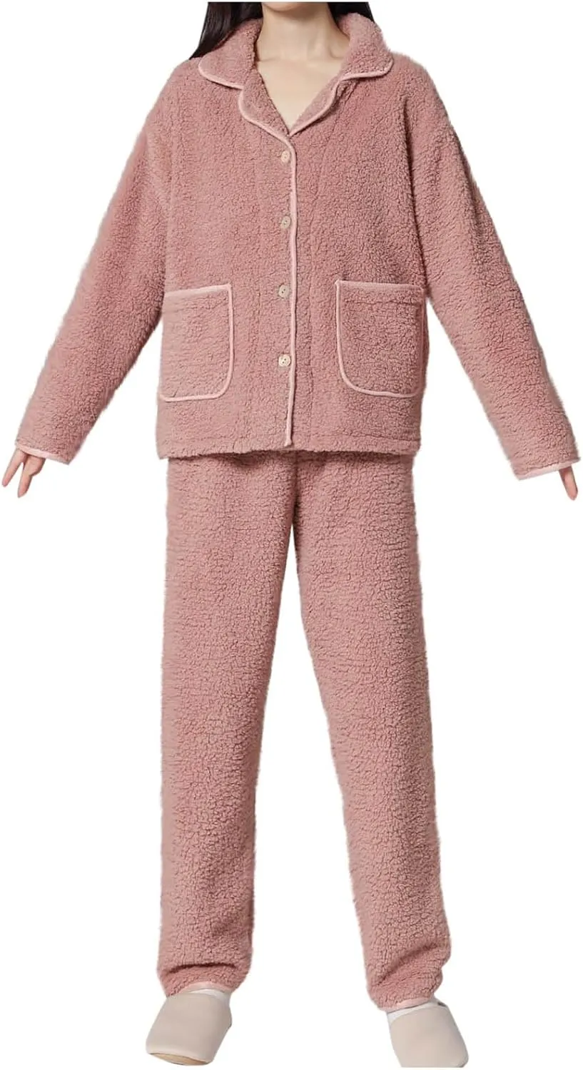 Women Fuzzy Pajamas Set Fleece Turtlenecks Long Sleeve Robe with Wide Leg Pants Fuzzy Loungewear Set