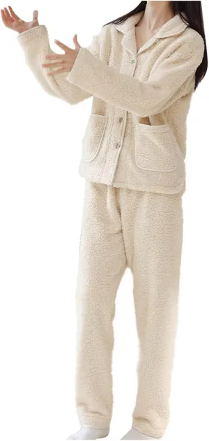 Women Fuzzy Pajamas Set Fleece Turtlenecks Long Sleeve Robe with Wide Leg Pants Fuzzy Loungewear Set