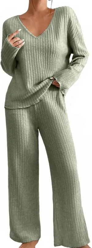 Women Knit 2 Piece Loungewear Sets Striped Short Sleeve Pajamas Knit Soft Wide Leg Long Pants Fall Winter 2k Outfits