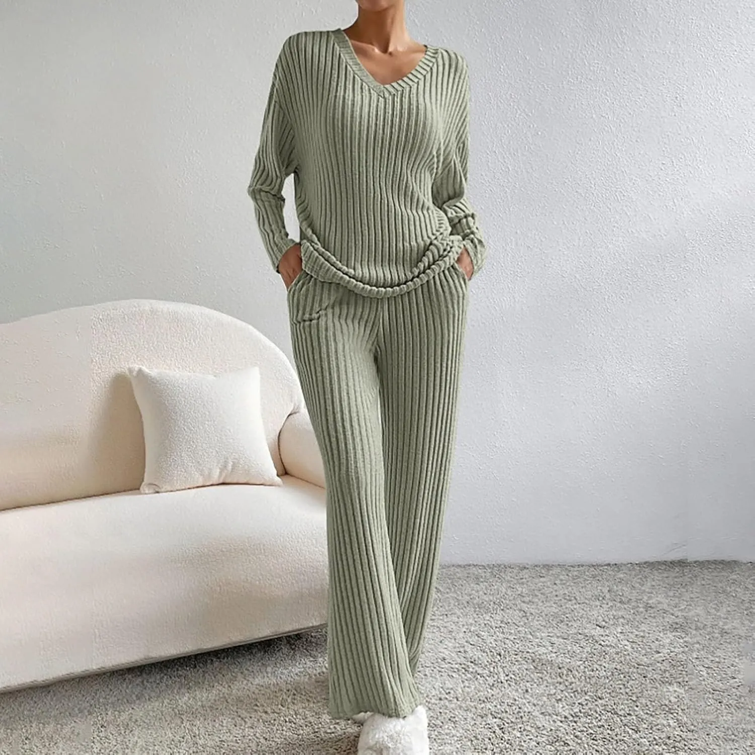 Women Knit 2 Piece Loungewear Sets Striped Short Sleeve Pajamas Knit Soft Wide Leg Long Pants Fall Winter 2k Outfits