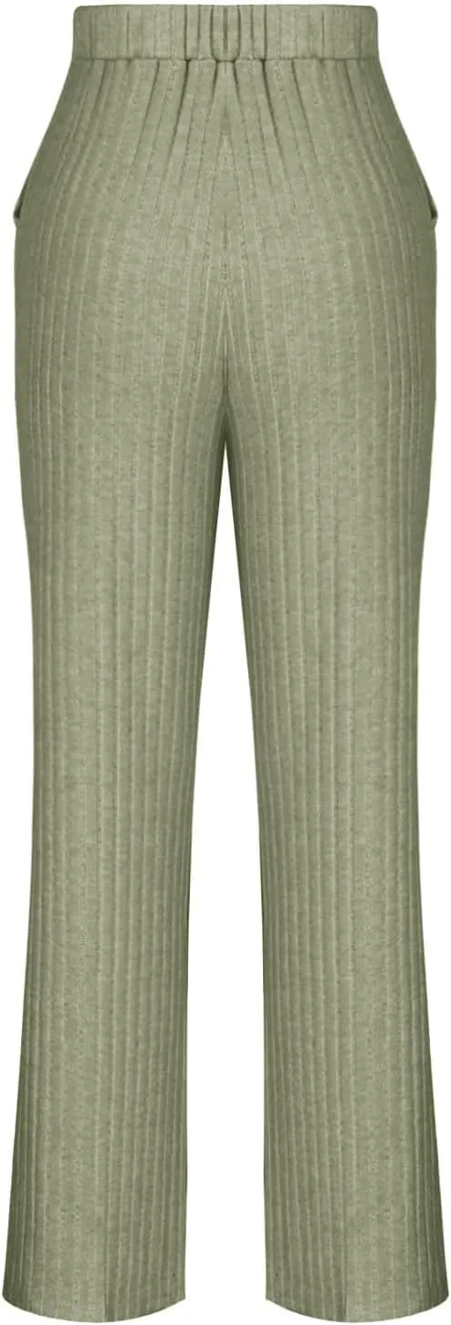 Women Knit 2 Piece Loungewear Sets Striped Short Sleeve Pajamas Knit Soft Wide Leg Long Pants Fall Winter 2k Outfits