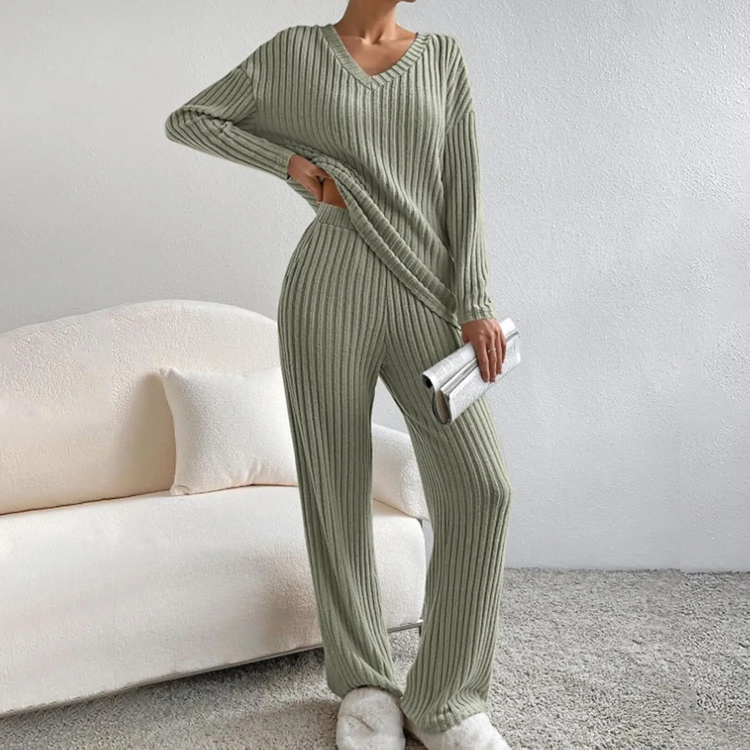 Women Knit 2 Piece Loungewear Sets Striped Short Sleeve Pajamas Knit Soft Wide Leg Long Pants Fall Winter 2k Outfits