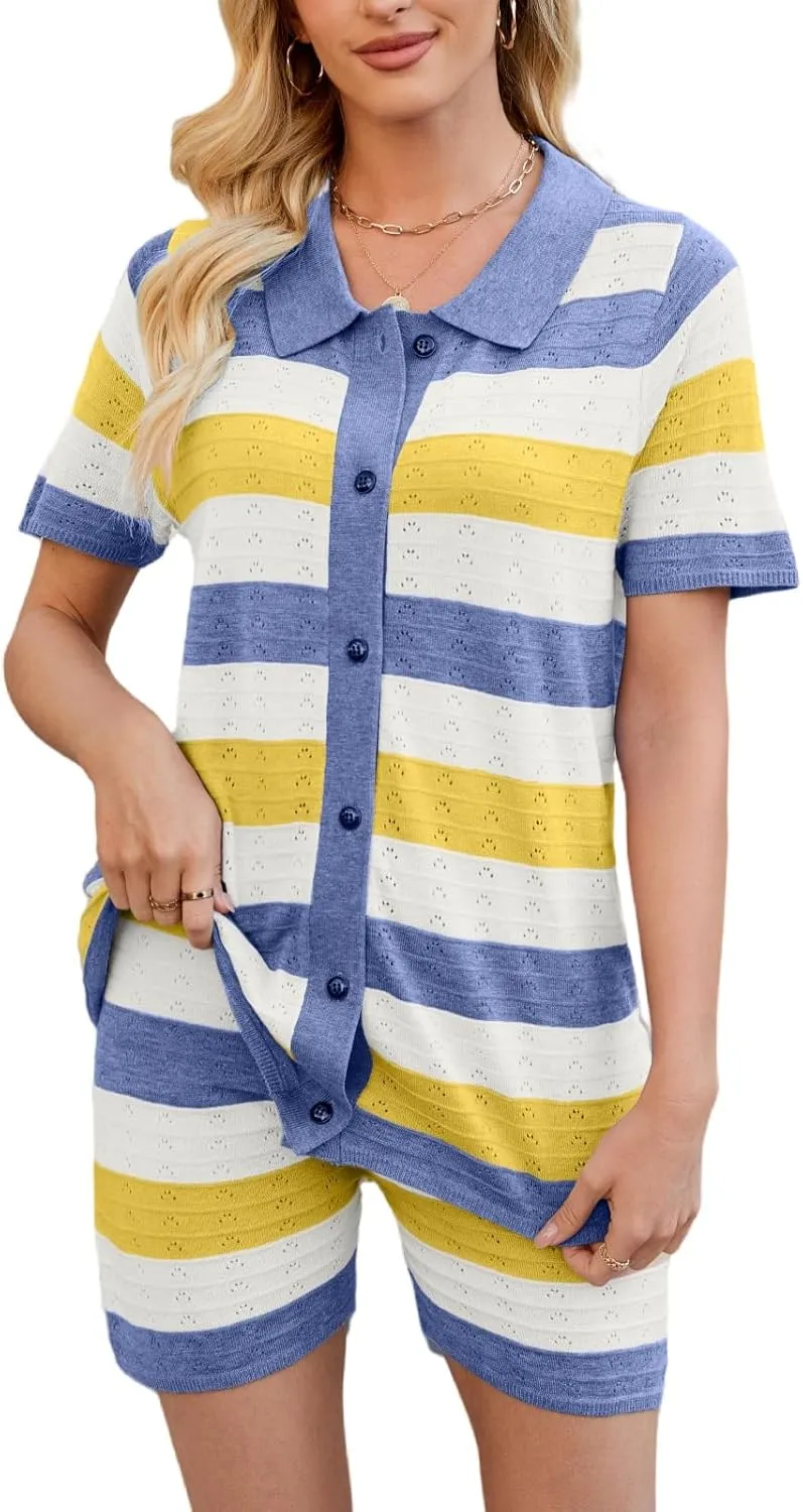 Women Knit Shorts Set 2 Piece Outfits Short Sleeve Button Down Sweater Top and Shorts Lounge Set