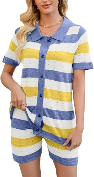 Women Knit Shorts Set 2 Piece Outfits Short Sleeve Button Down Sweater Top and Shorts Lounge Set
