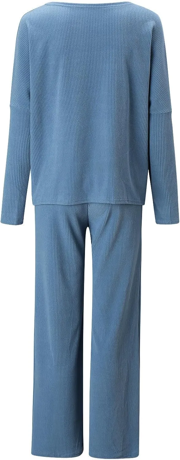 Women Knitted Loungewear Sets Round Neck Long Sleeve Pullover Sweater Match Loose Bootcut Lounge Pants 2PC Outfits