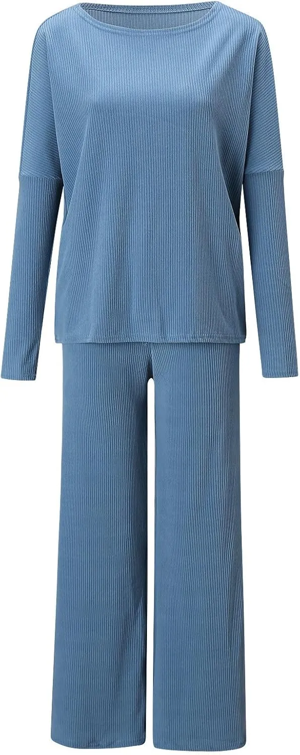 Women Knitted Loungewear Sets Round Neck Long Sleeve Pullover Sweater Match Loose Bootcut Lounge Pants 2PC Outfits