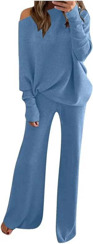 Women Knitted Loungewear Sets Round Neck Long Sleeve Pullover Sweater Match Loose Bootcut Lounge Pants 2PC Outfits