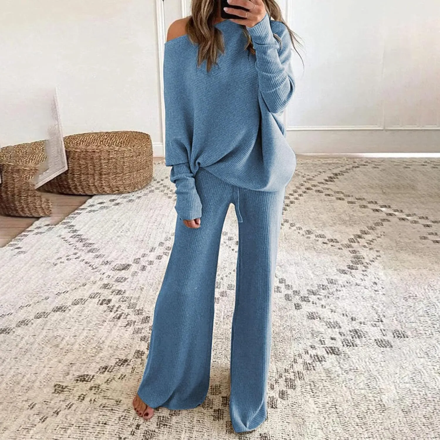 Women Knitted Loungewear Sets Round Neck Long Sleeve Pullover Sweater Match Loose Bootcut Lounge Pants 2PC Outfits