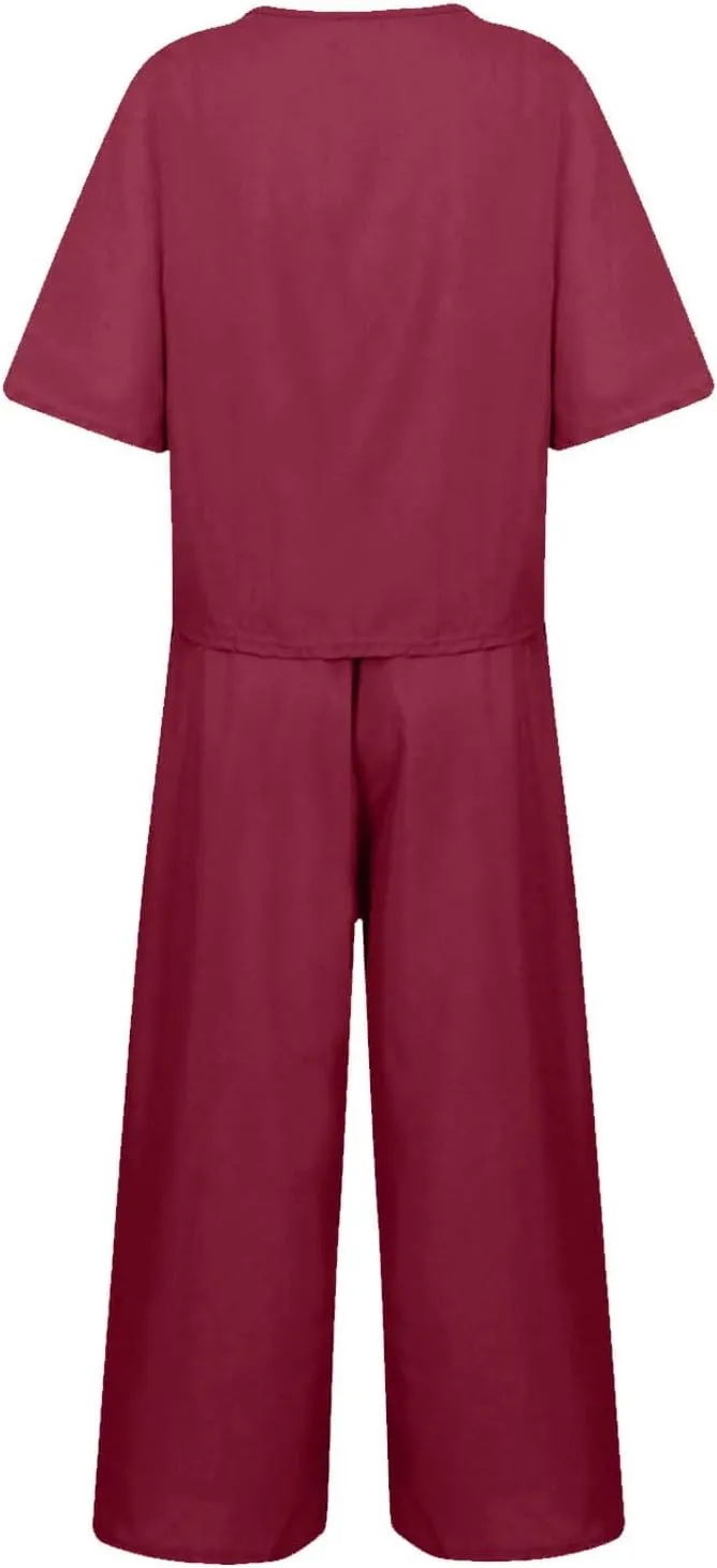 Women Linen 2 Piece Outfits Summer Lounge Sets Loose Short Sleeve Tshirt and Elastic Waist Wide Leg Pants Tracksuit