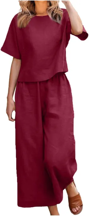 Women Linen 2 Piece Outfits Summer Lounge Sets Loose Short Sleeve Tshirt and Elastic Waist Wide Leg Pants Tracksuit