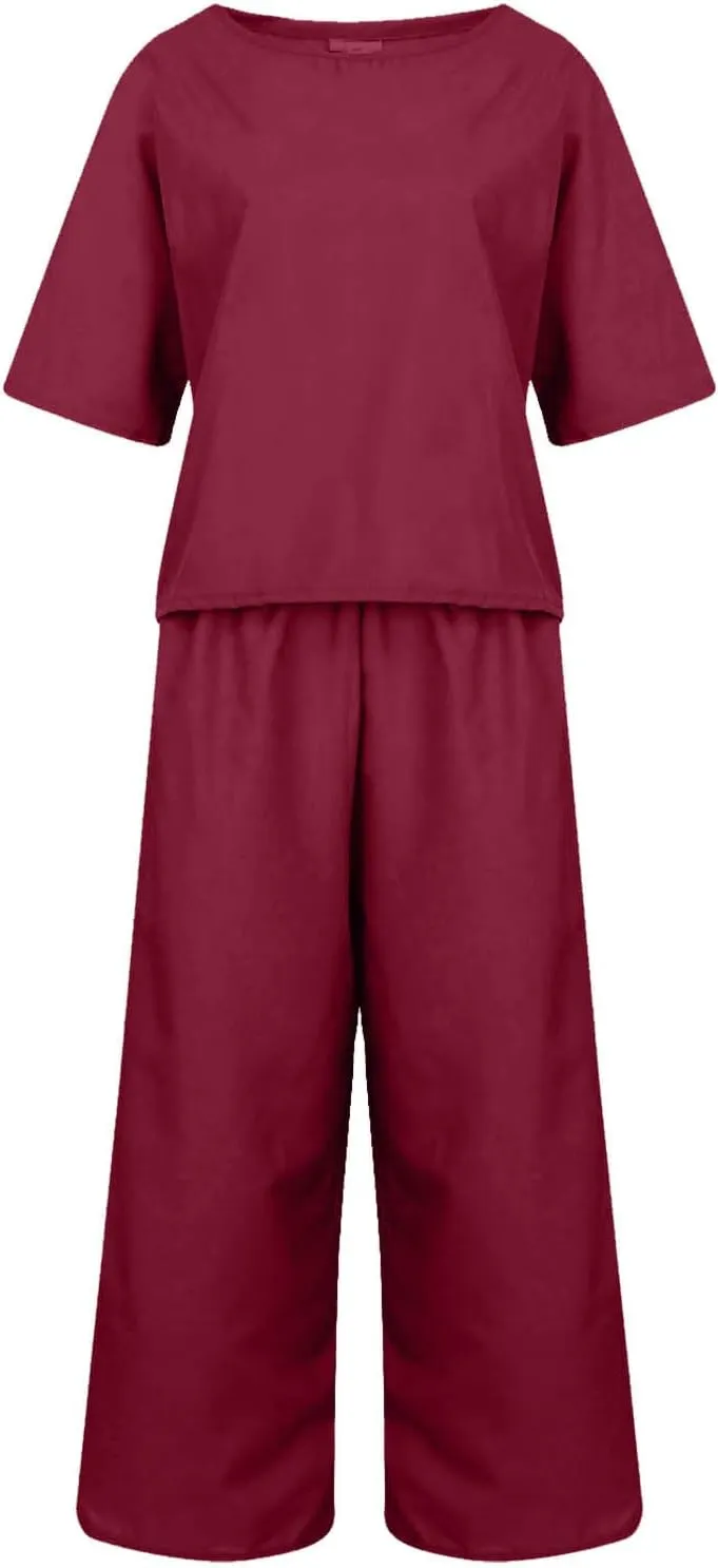 Women Linen 2 Piece Outfits Summer Lounge Sets Loose Short Sleeve Tshirt and Elastic Waist Wide Leg Pants Tracksuit