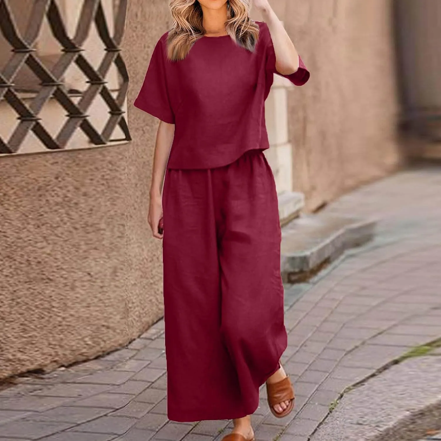 Women Linen 2 Piece Outfits Summer Lounge Sets Loose Short Sleeve Tshirt and Elastic Waist Wide Leg Pants Tracksuit