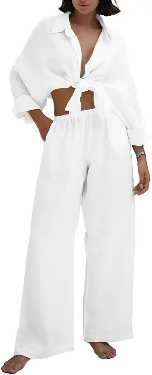 Women Linen Sets 2 Piece Outfits Linen Dressy Casual Sets Wide Leg Pants Suits Short Sleeve Jogger Tracksuit