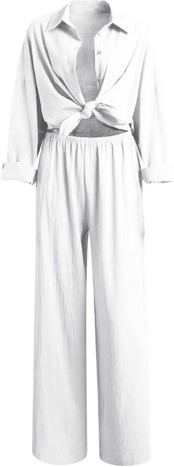 Women Linen Sets 2 Piece Outfits Linen Dressy Casual Sets Wide Leg Pants Suits Short Sleeve Jogger Tracksuit