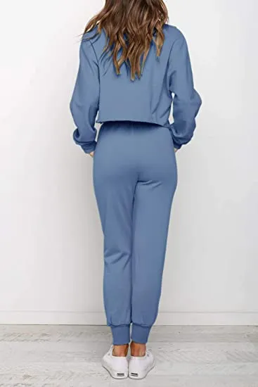 Women Long Sleeve Crop Top and Pants Pajama Sets With Pockets