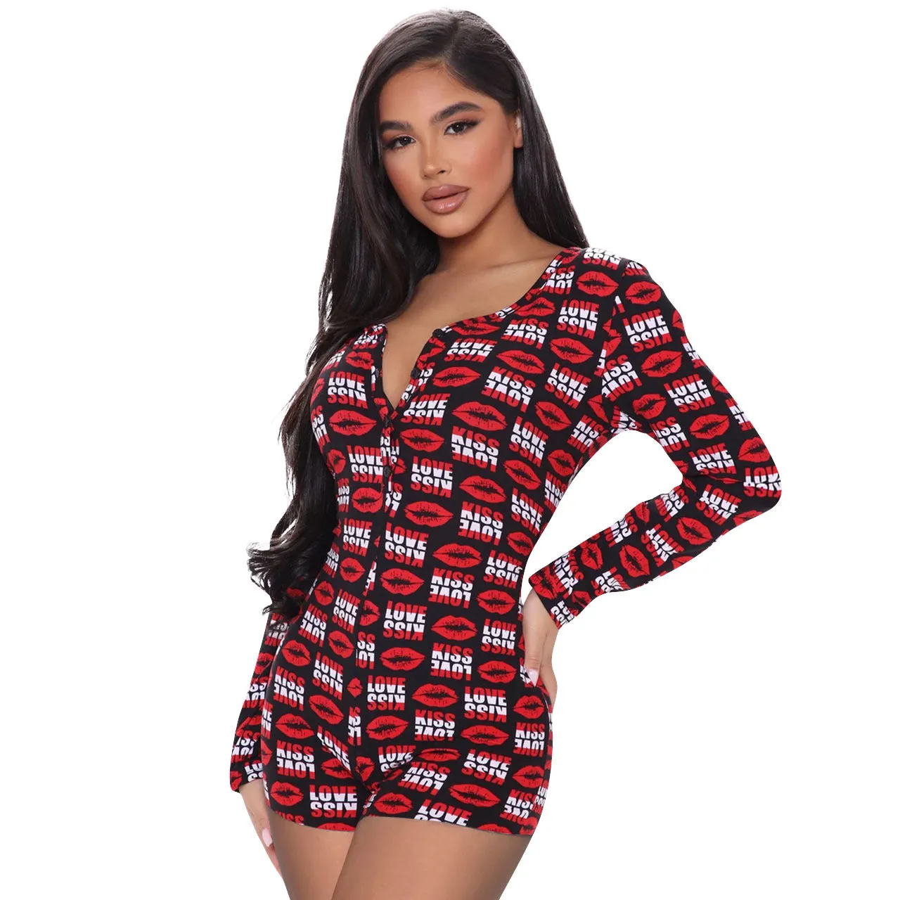 Women Long Sleeve V Neck Bodysuit Bodycon Overall Romper Pajamas Sleepwear