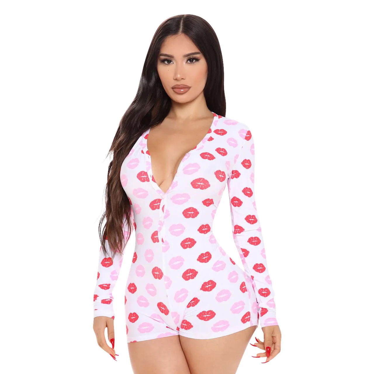 Women Long Sleeve V Neck Bodysuit Bodycon Overall Romper Pajamas Sleepwear