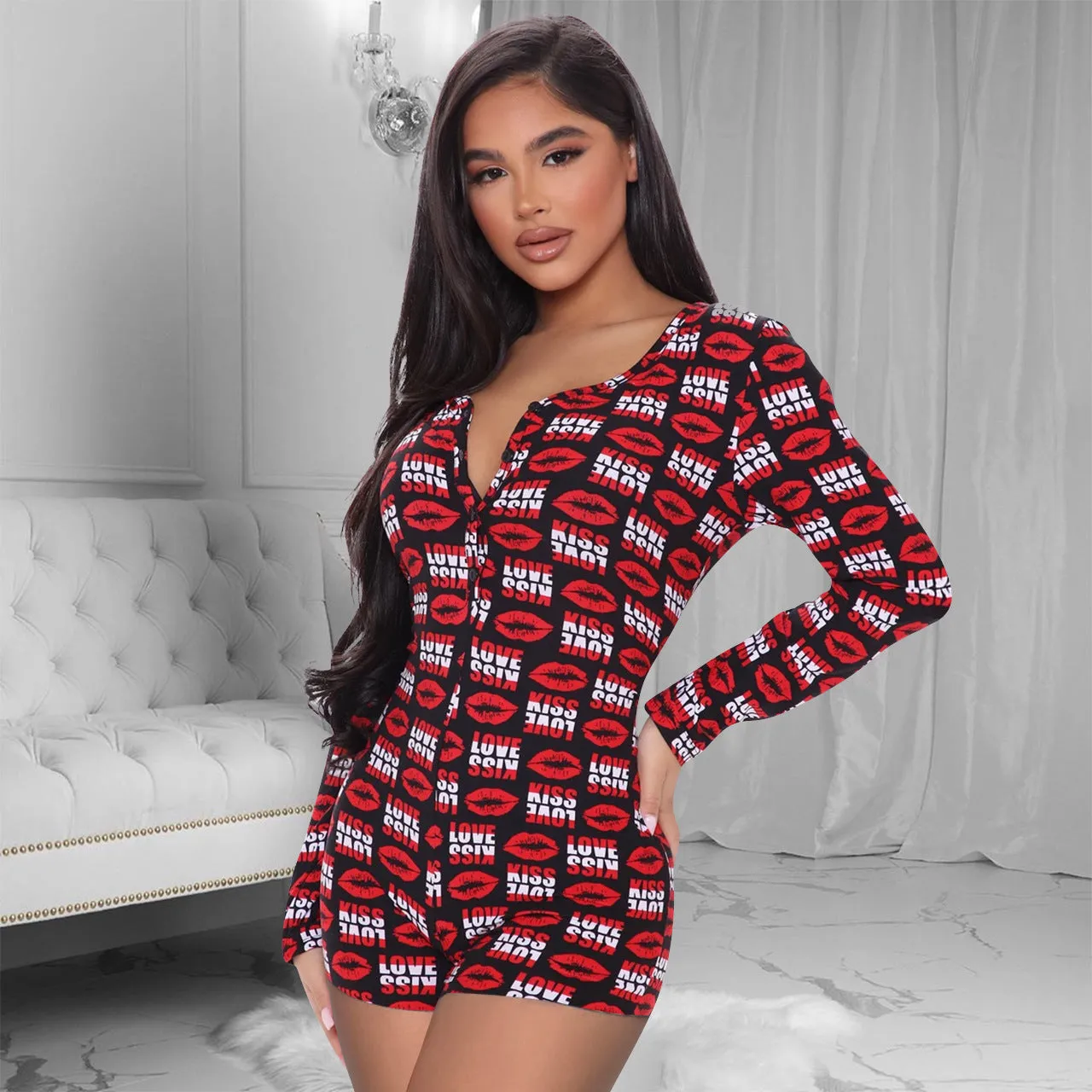Women Long Sleeve V Neck Bodysuit Bodycon Overall Romper Pajamas Sleepwear