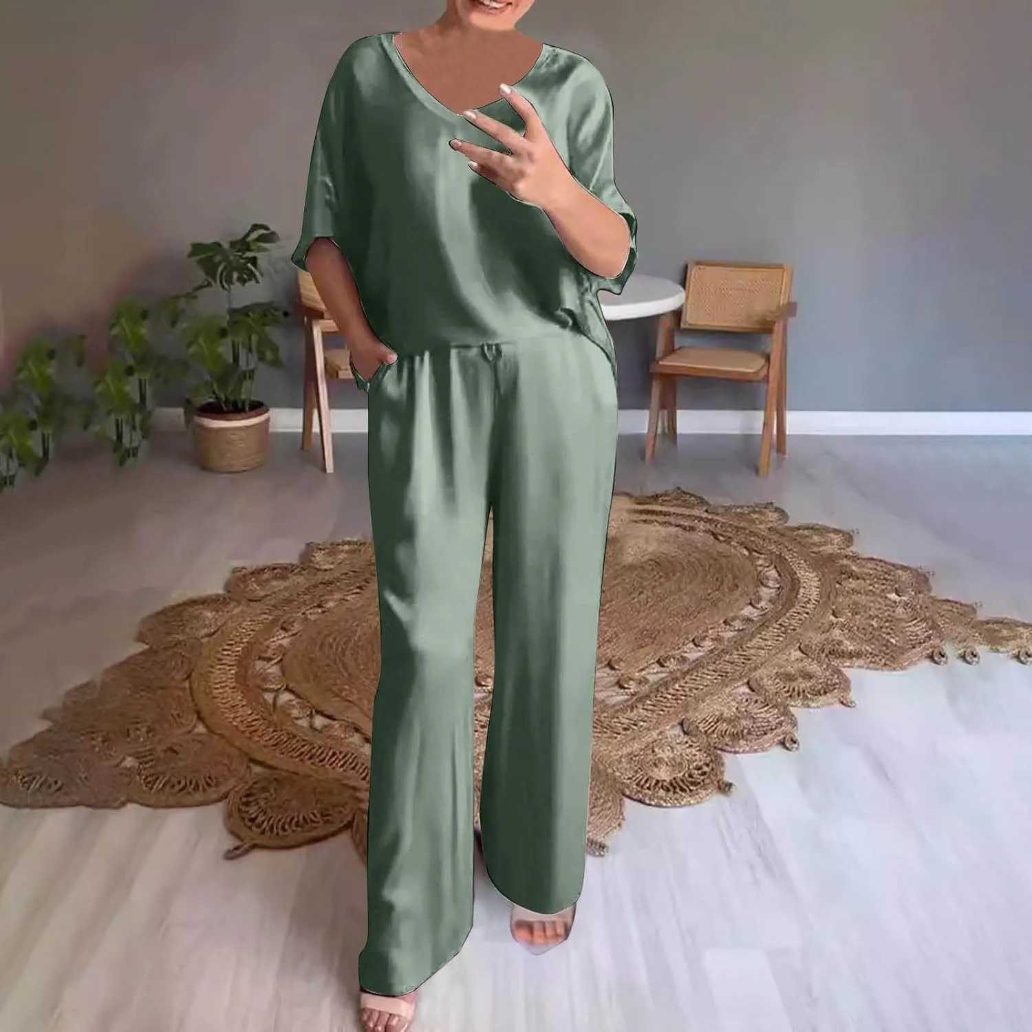 Women Loose Fit Satin Lounge Set Comfy 2 Piece Pajama Outfit Plus Size Short Sleeve V Neck T Shirts & Wide Leg Pants
