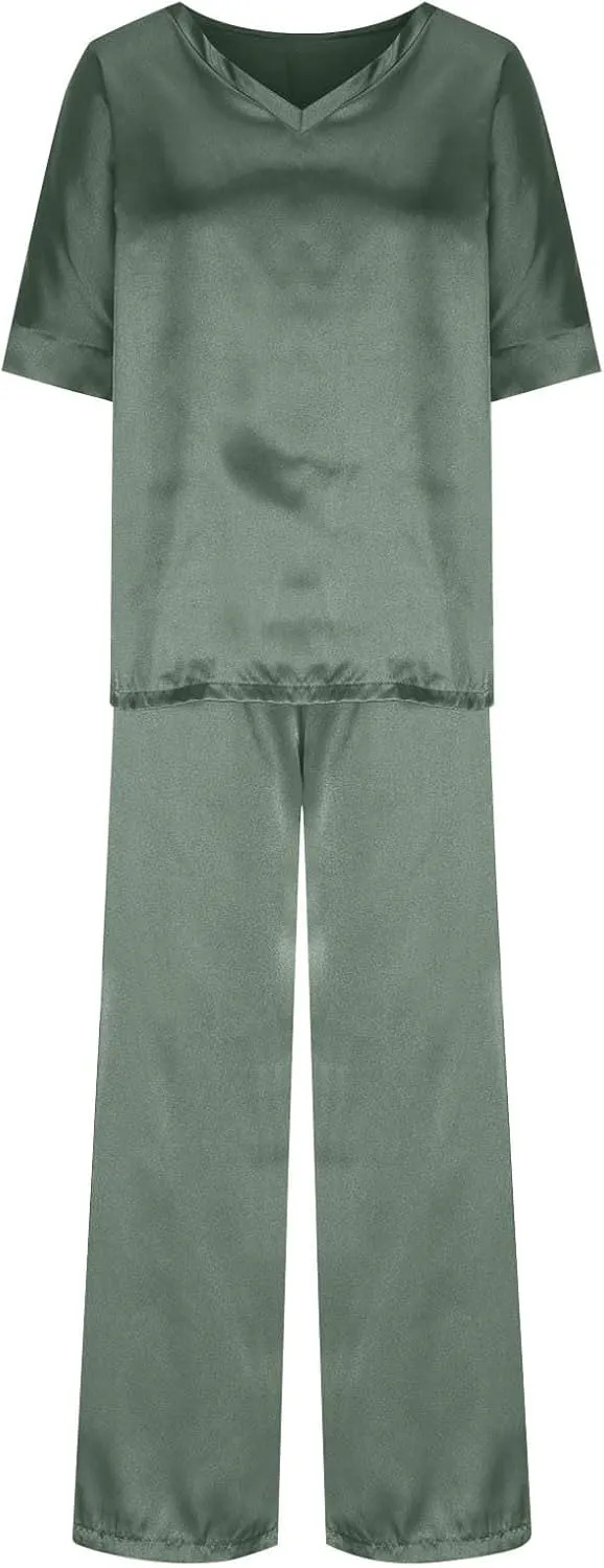 Women Loose Fit Satin Lounge Set Comfy 2 Piece Pajama Outfit Plus Size Short Sleeve V Neck T Shirts & Wide Leg Pants