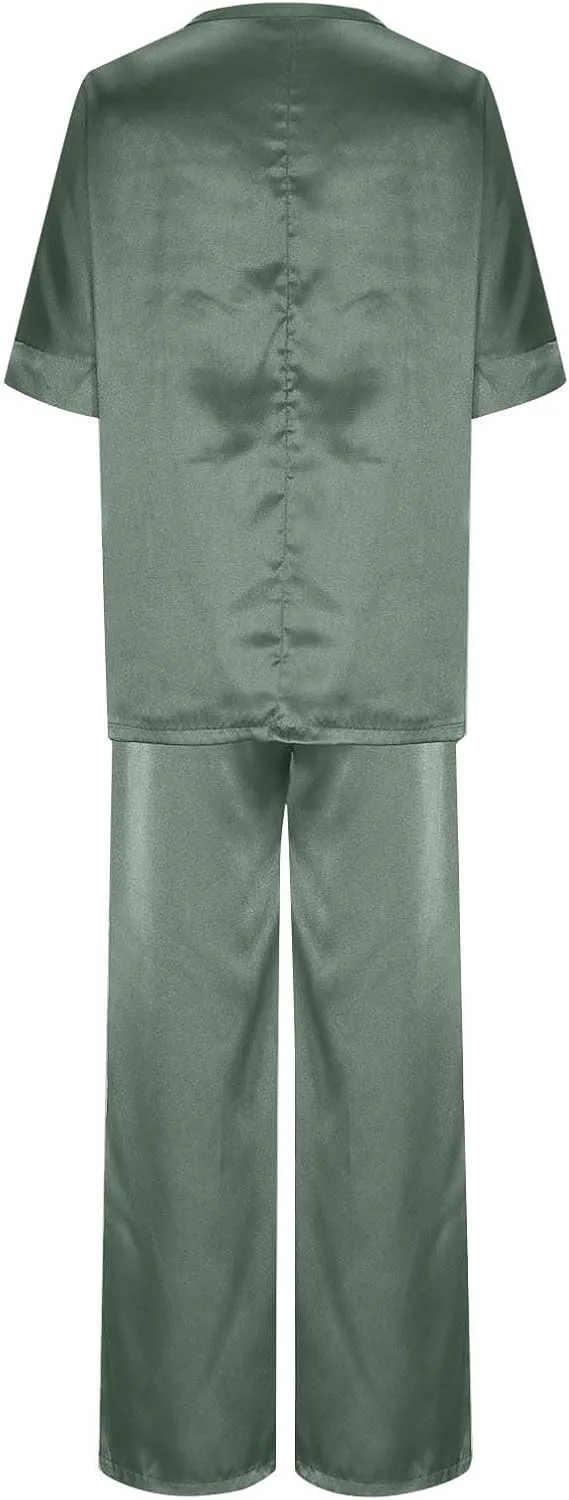 Women Loose Fit Satin Lounge Set Comfy 2 Piece Pajama Outfit Plus Size Short Sleeve V Neck T Shirts & Wide Leg Pants