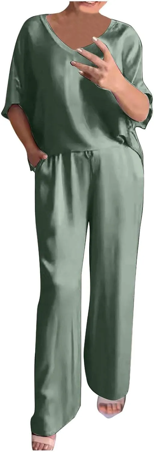 Women Loose Fit Satin Lounge Set Comfy 2 Piece Pajama Outfit Plus Size Short Sleeve V Neck T Shirts & Wide Leg Pants