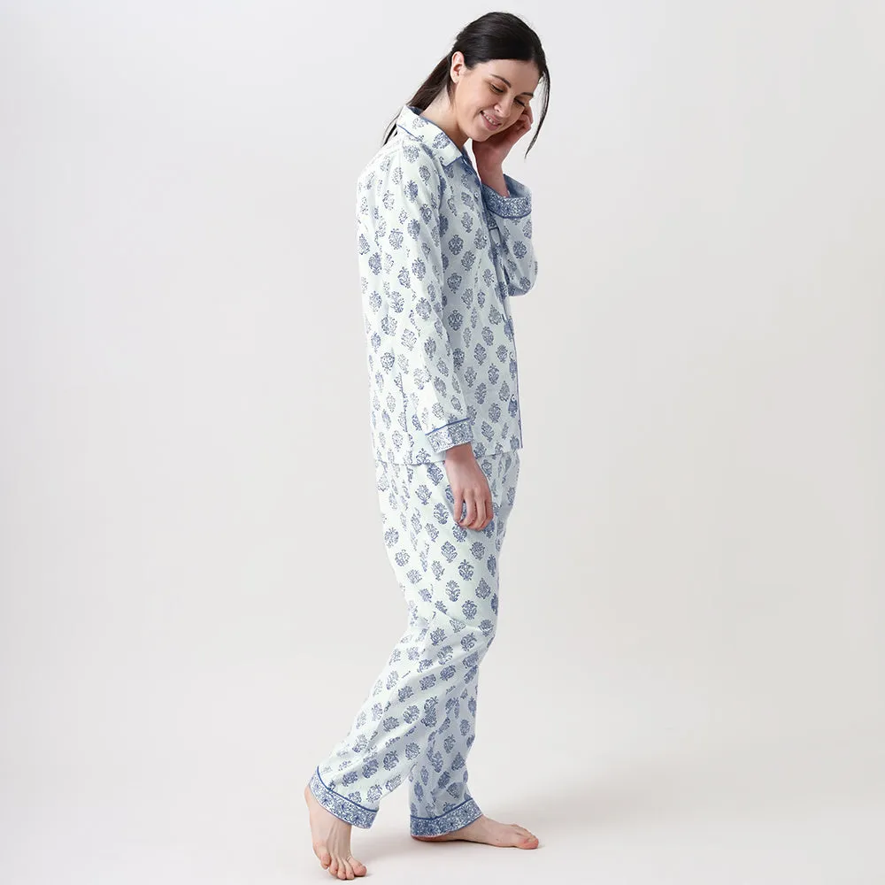 Women Madison Blockprint Pajama Set (Indigo)