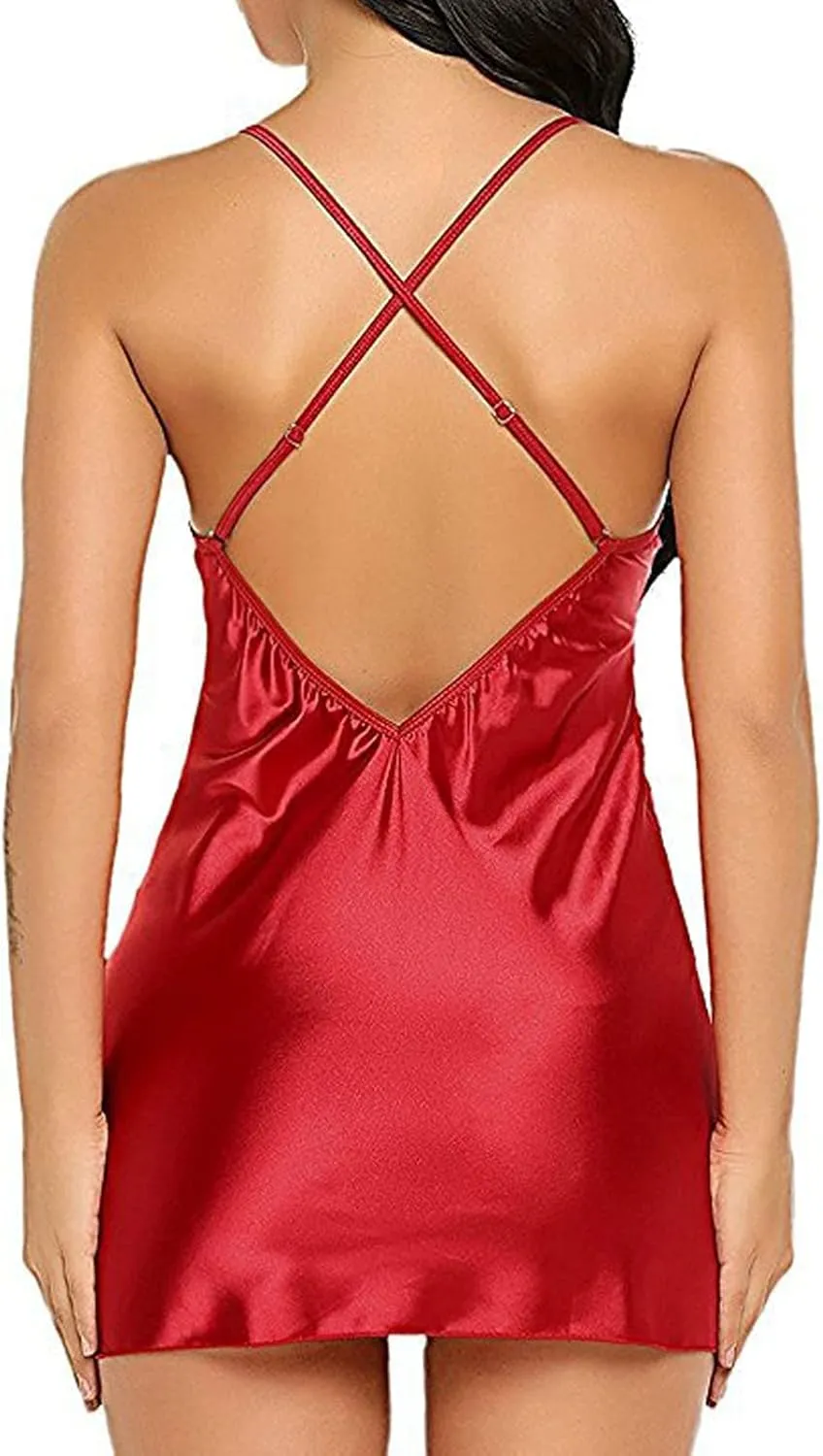 Women Nightgown Lingerie 2 Pack Satin Lace Cami Chemise Sexy V Neck Full Slips Sleep Dress Babydoll Soft Nightdress