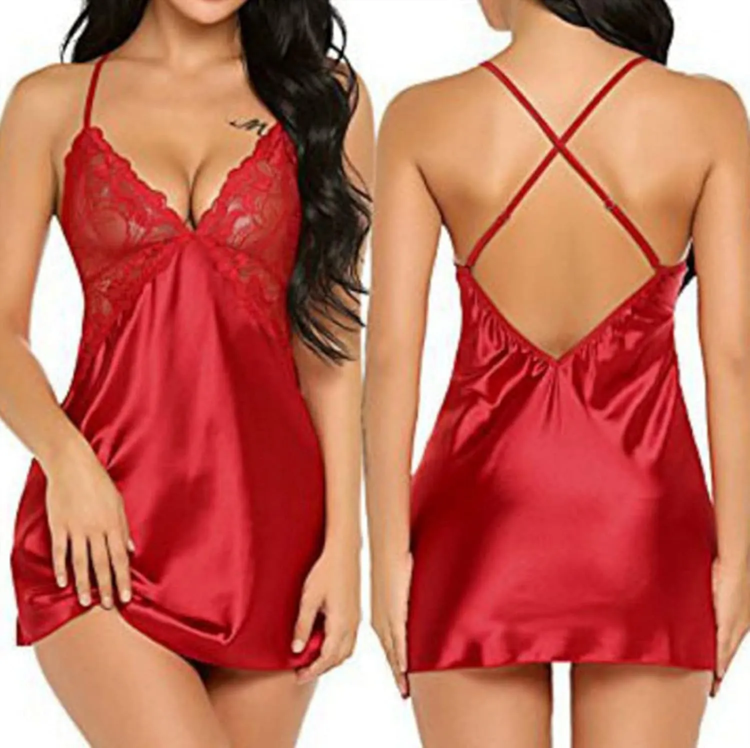 Women Nightgown Lingerie 2 Pack Satin Lace Cami Chemise Sexy V Neck Full Slips Sleep Dress Babydoll Soft Nightdress