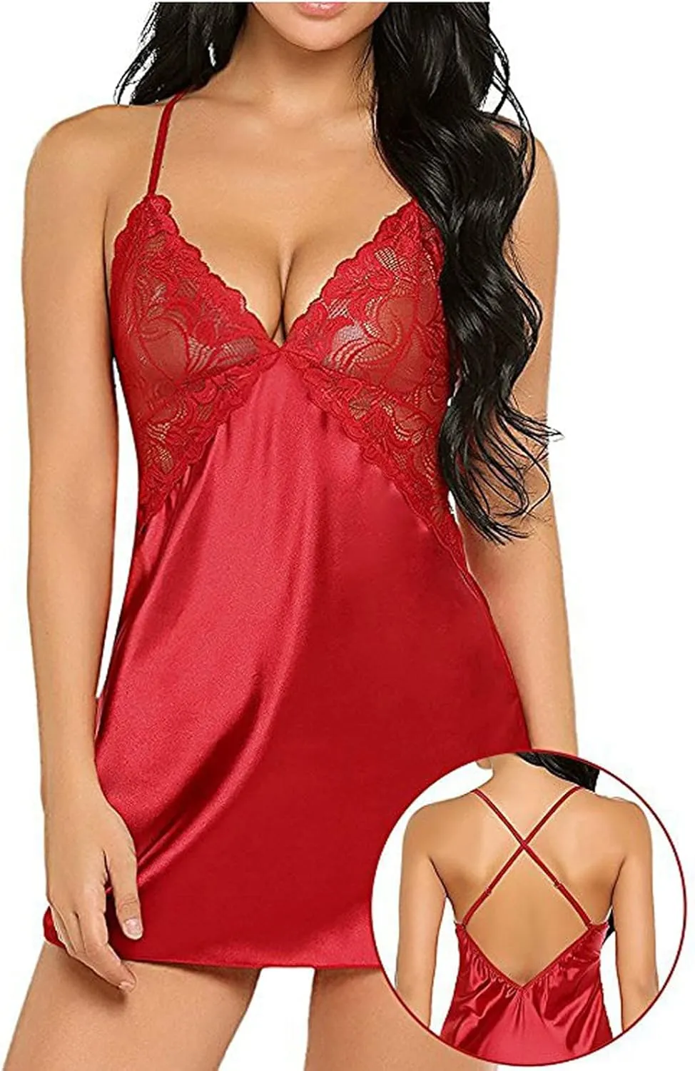 Women Nightgown Lingerie 2 Pack Satin Lace Cami Chemise Sexy V Neck Full Slips Sleep Dress Babydoll Soft Nightdress