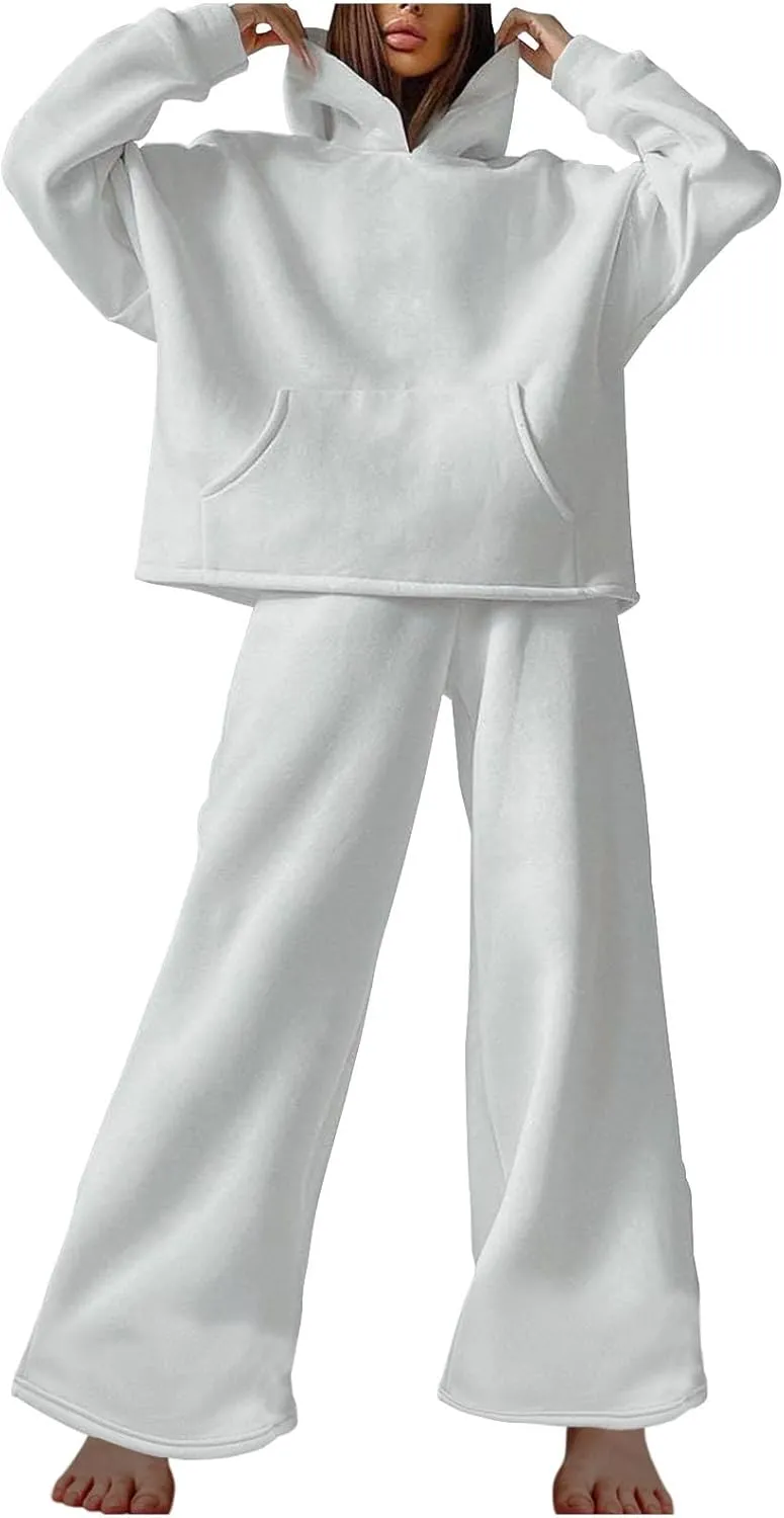 Women Oversized Sweatsuit Two Piece Outfits Plus Size Hooded Sweatshirt Wide Leg Pants Suit Casual Loungewear Sets