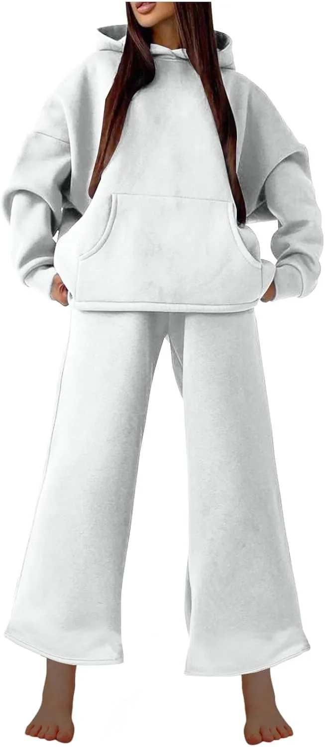 Women Oversized Sweatsuit Two Piece Outfits Plus Size Hooded Sweatshirt Wide Leg Pants Suit Casual Loungewear Sets