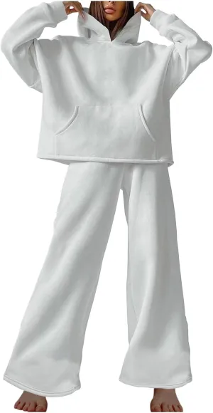 Women Oversized Sweatsuit Two Piece Outfits Plus Size Hooded Sweatshirt Wide Leg Pants Suit Casual Loungewear Sets