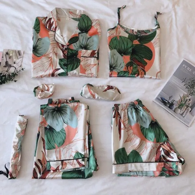 Women Pajamas Set 7 Pieces Satin Faux Silk Printing Pajamas For Woman Sleepwear