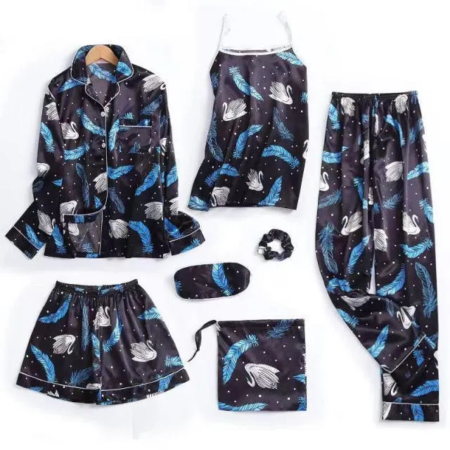 Women Pajamas Set 7 Pieces Satin Faux Silk Printing Pajamas For Woman Sleepwear