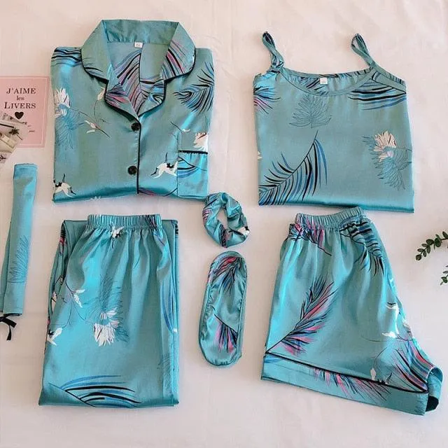 Women Pajamas Set 7 Pieces Satin Faux Silk Printing Pajamas For Woman Sleepwear