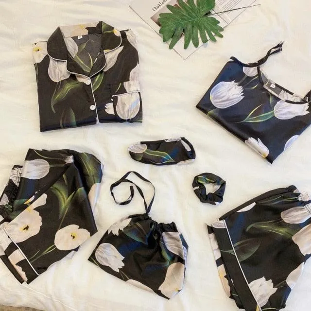 Women Pajamas Set 7 Pieces Satin Faux Silk Printing Pajamas For Woman Sleepwear