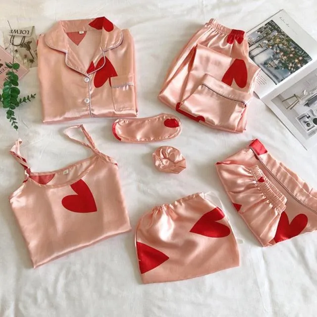 Women Pajamas Set 7 Pieces Satin Faux Silk Printing Pajamas For Woman Sleepwear
