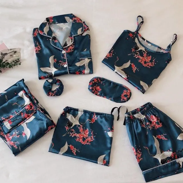 Women Pajamas Set 7 Pieces Satin Faux Silk Printing Pajamas For Woman Sleepwear