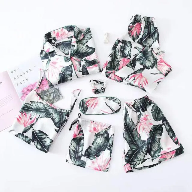 Women Pajamas Set 7 Pieces Satin Faux Silk Printing Pajamas For Woman Sleepwear