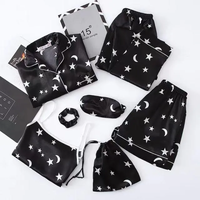 Women Pajamas Set 7 Pieces Satin Faux Silk Printing Pajamas For Woman Sleepwear
