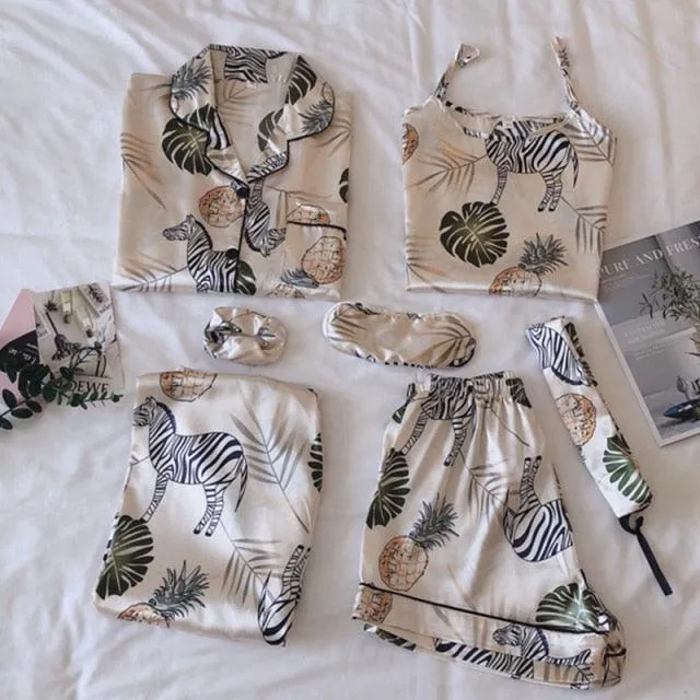 Women Pajamas Set 7 Pieces Satin Faux Silk Printing Pajamas For Woman Sleepwear